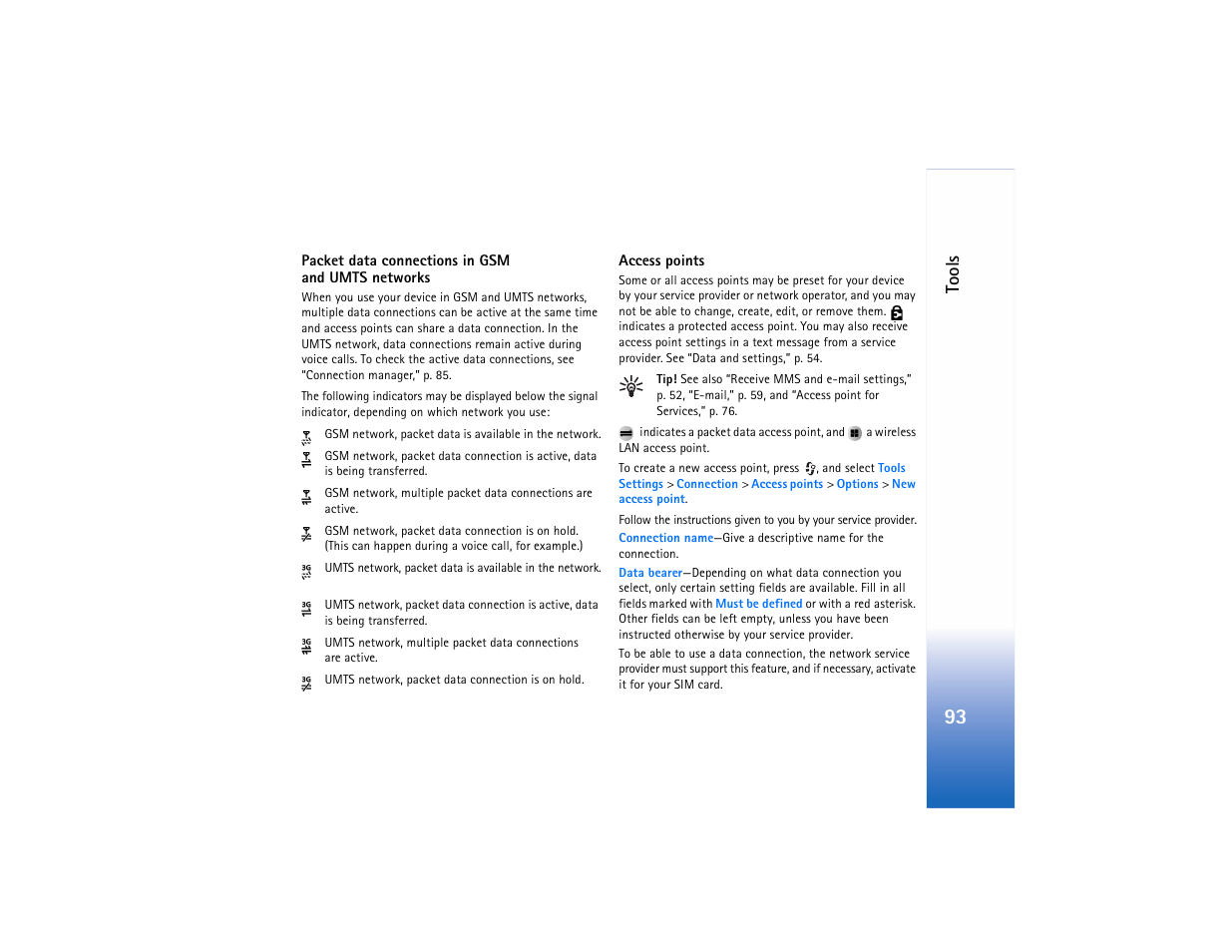 E “access points,” p. 93, Access points,” p. 93, Tools | Nokia N91 User Manual | Page 94 / 257