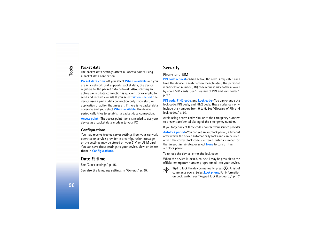 Date & time, Security, Date & time security | Security”, “phone and sim, Tools | Nokia N91 User Manual | Page 97 / 257
