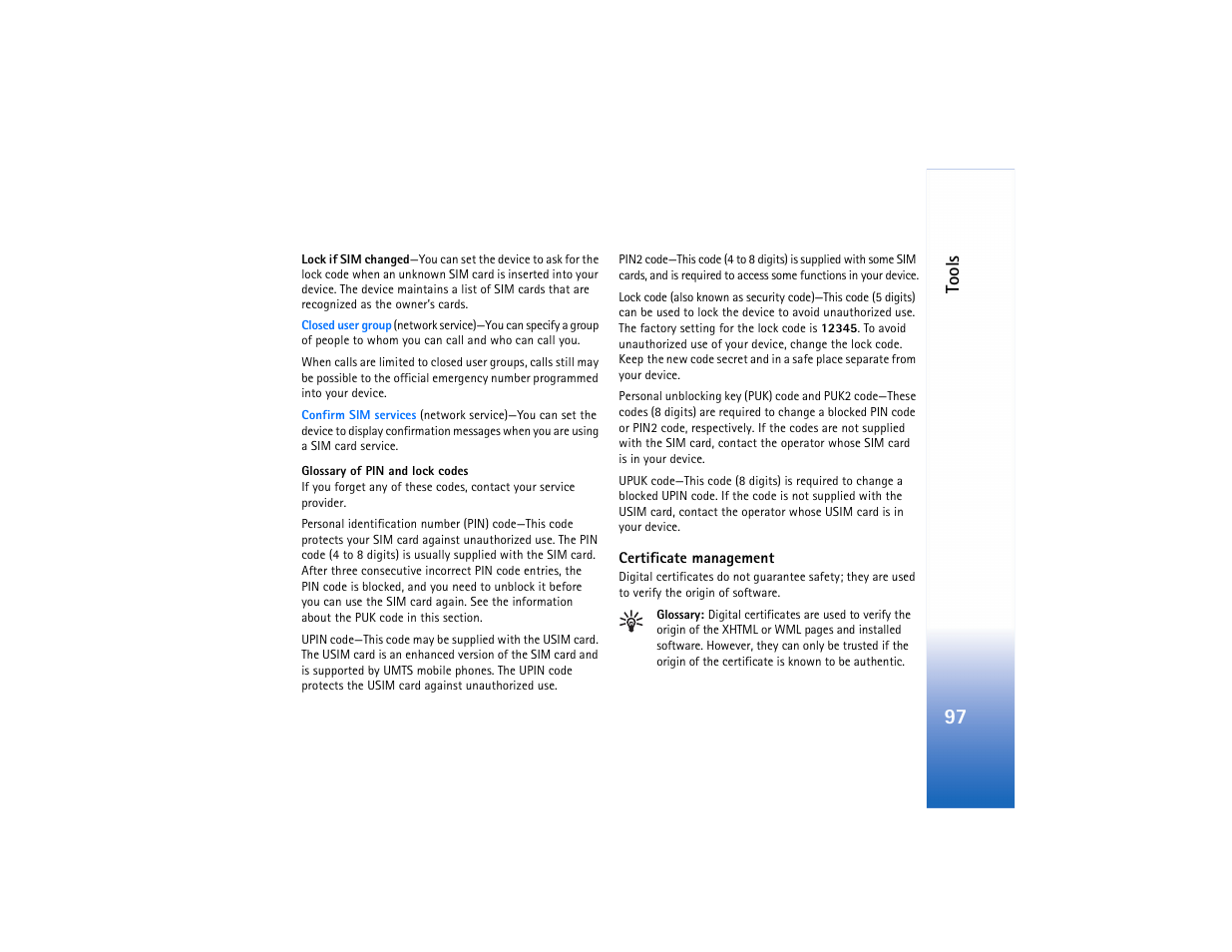 Glossary of pin and lock codes,” p. 97 | Nokia N91 User Manual | Page 98 / 257