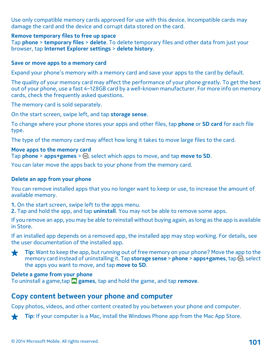 Save or move apps to a memory card, Delete an app from your phone, Copy content between your phone and computer | Copy content between your phone and, Computer 101 | Nokia Lumia 635 User Manual | Page 101 / 114