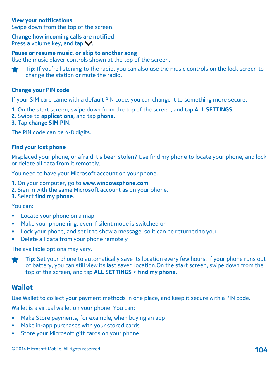 Change your pin code, Find your lost phone, Wallet | Wallet 104 | Nokia Lumia 635 User Manual | Page 104 / 114