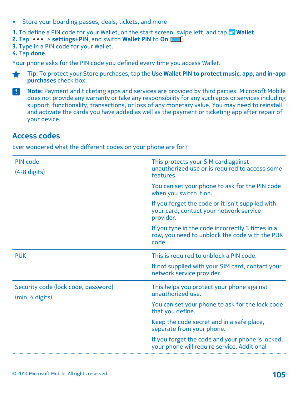 Access codes | Nokia Lumia 635 User Manual | Page 105 / 114