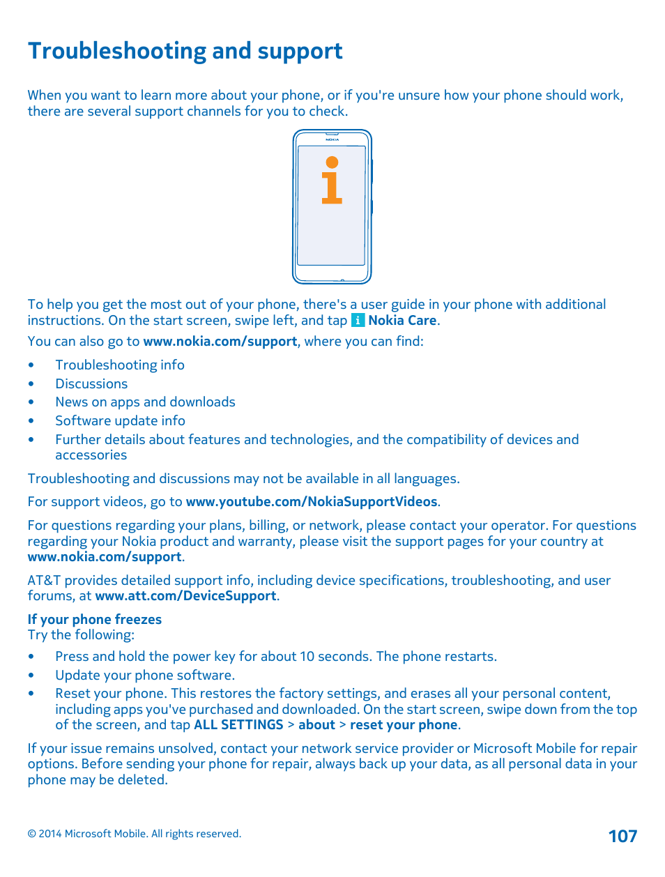 Troubleshooting and support | Nokia Lumia 635 User Manual | Page 107 / 114
