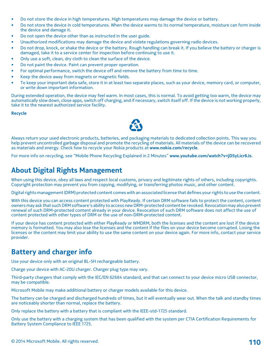 About digital rights management, Battery and charger info | Nokia Lumia 635 User Manual | Page 110 / 114