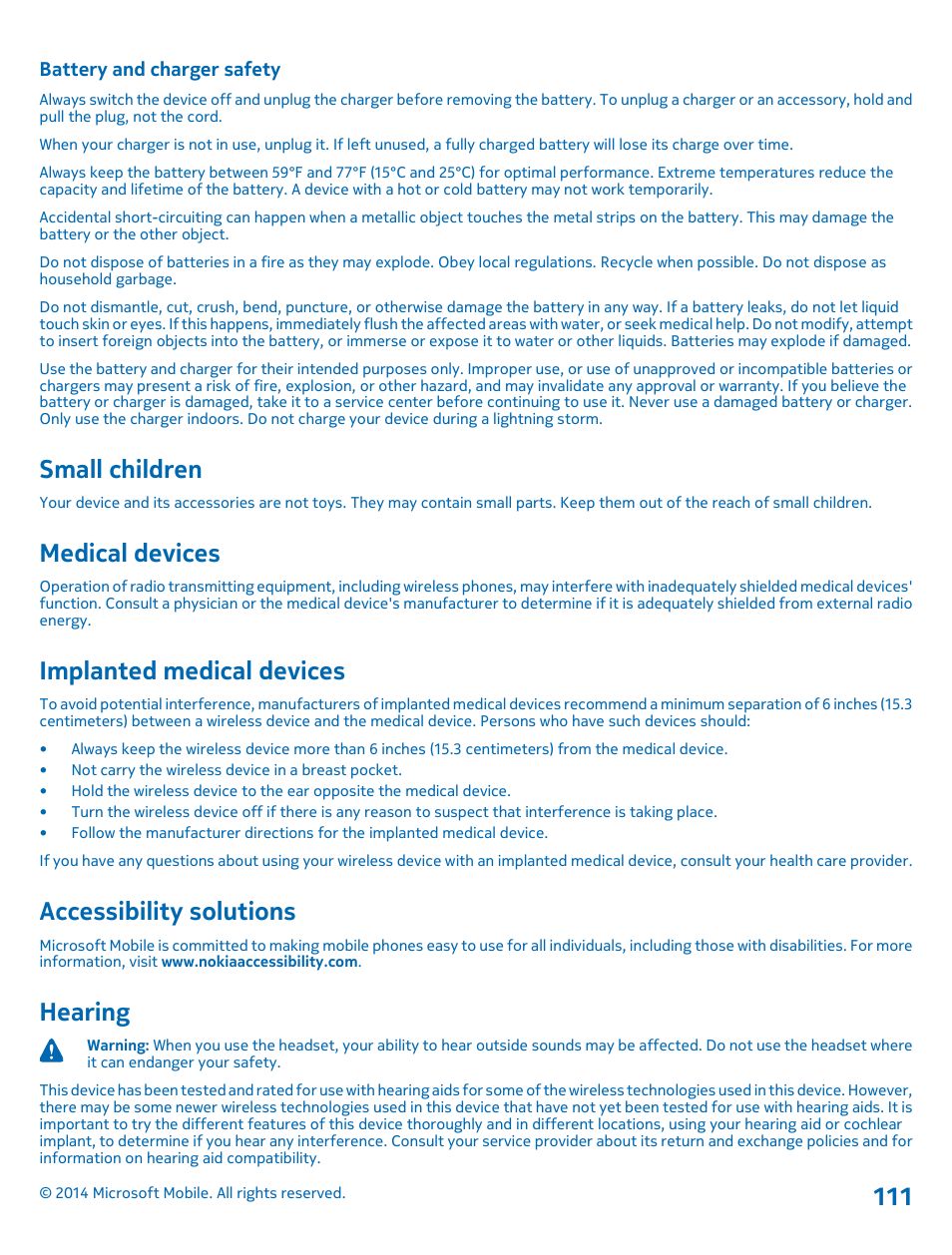 Battery and charger safety, Small children, Medical devices | Implanted medical devices, Accessibility solutions, Hearing | Nokia Lumia 635 User Manual | Page 111 / 114