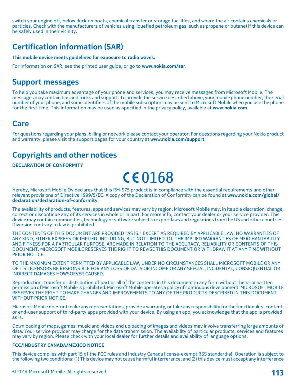 Certification information (sar), Support messages, Care | Copyrights and other notices | Nokia Lumia 635 User Manual | Page 113 / 114