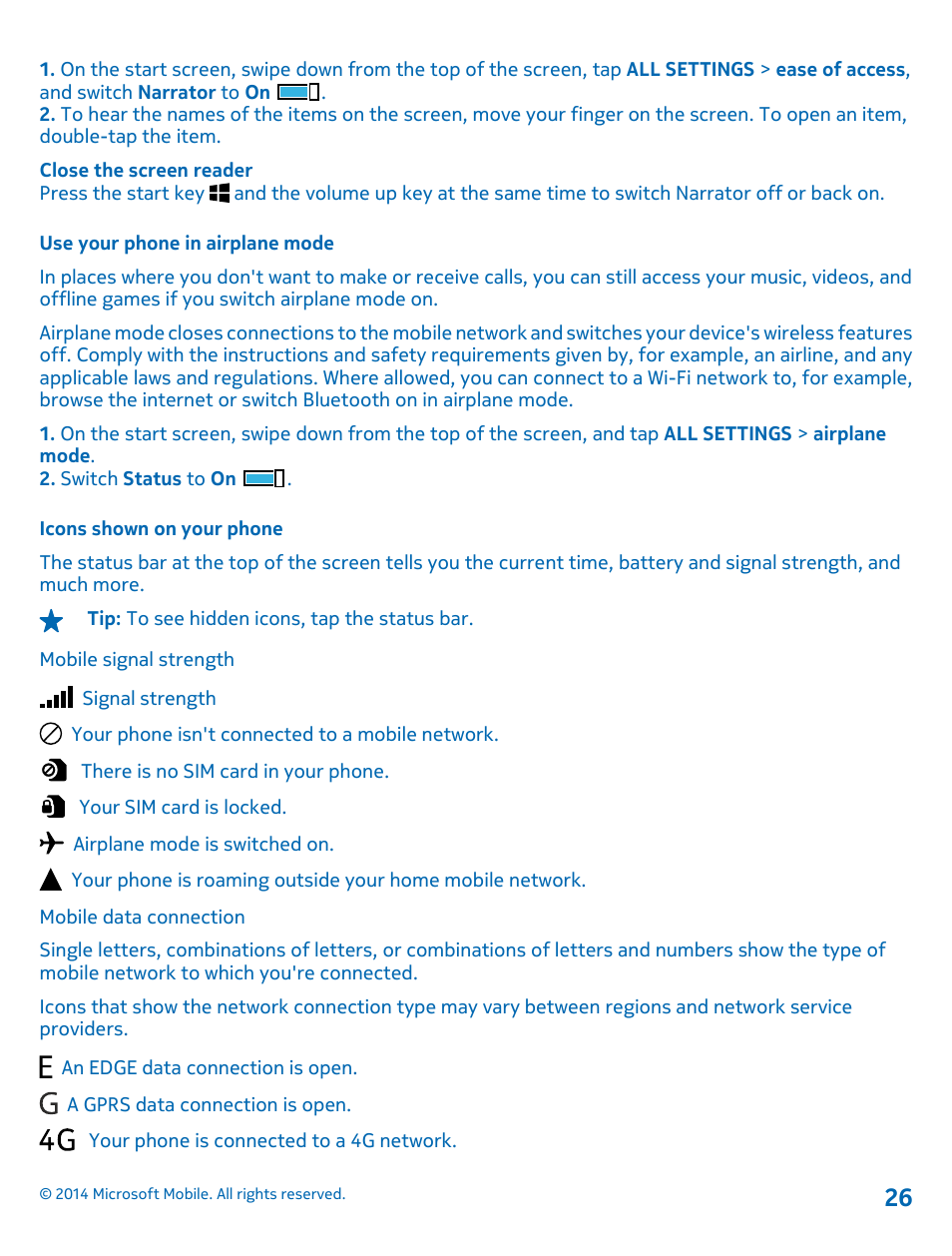Use your phone in airplane mode, Icons shown on your phone | Nokia Lumia 635 User Manual | Page 26 / 114