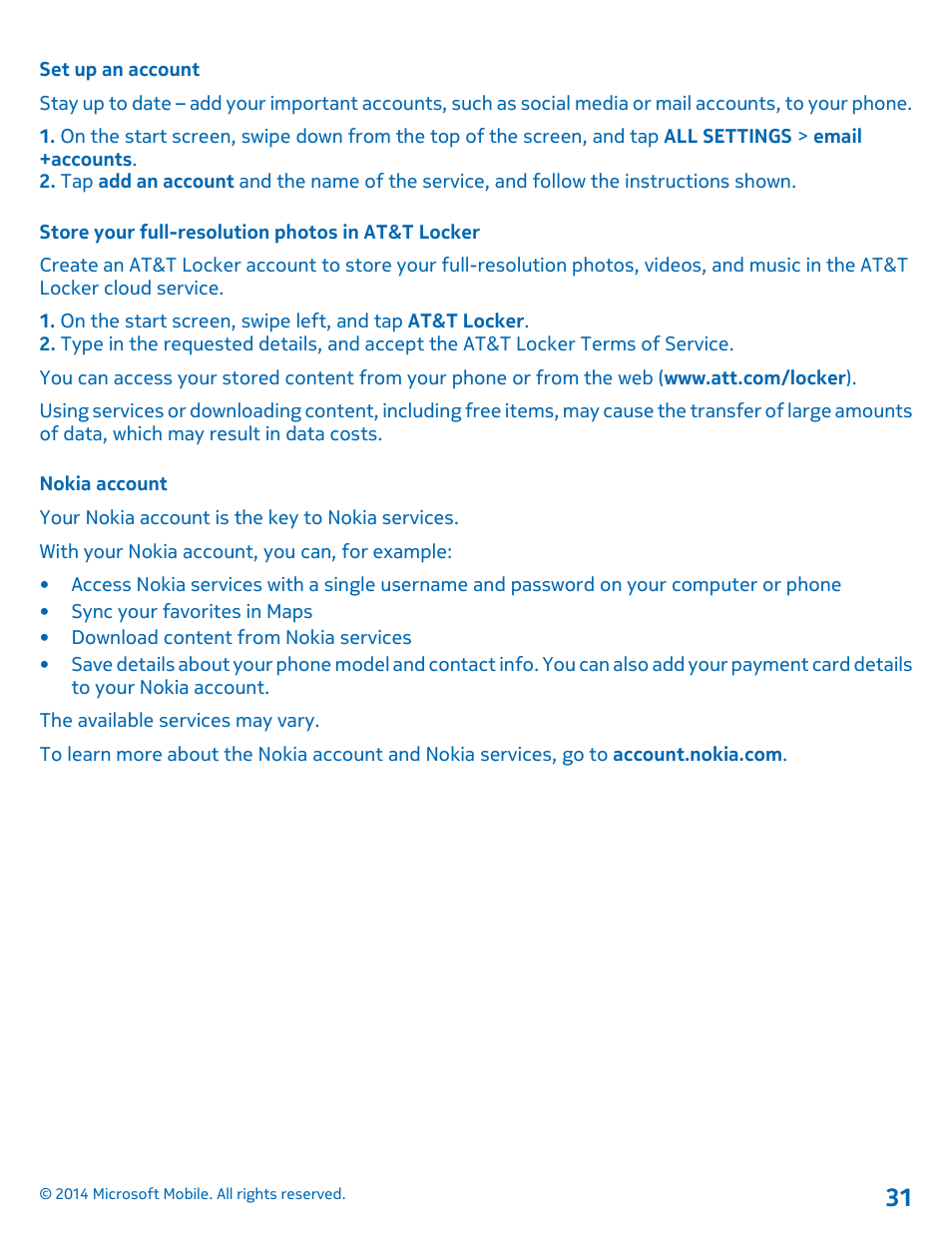 Set up an account, Store your full-resolution photos in at&t locker, Nokia account | Nokia Lumia 635 User Manual | Page 31 / 114