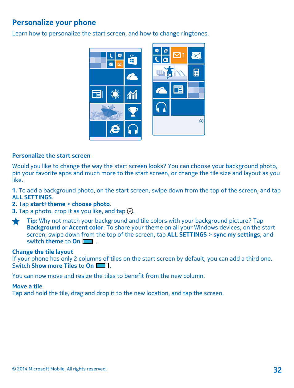 Personalize your phone, Personalize the start screen | Nokia Lumia 635 User Manual | Page 32 / 114