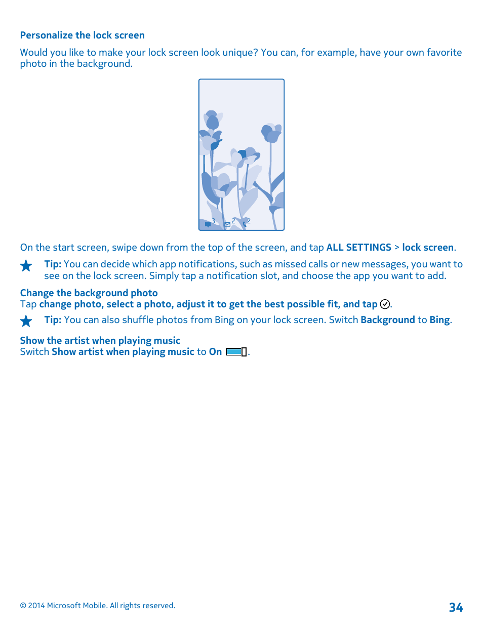 Personalize the lock screen | Nokia Lumia 635 User Manual | Page 34 / 114