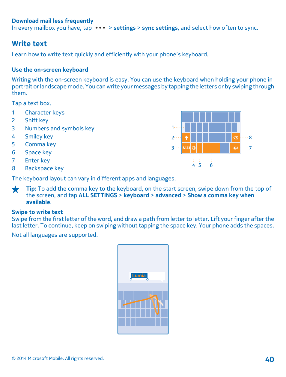 Write text, Use the on-screen keyboard | Nokia Lumia 635 User Manual | Page 40 / 114