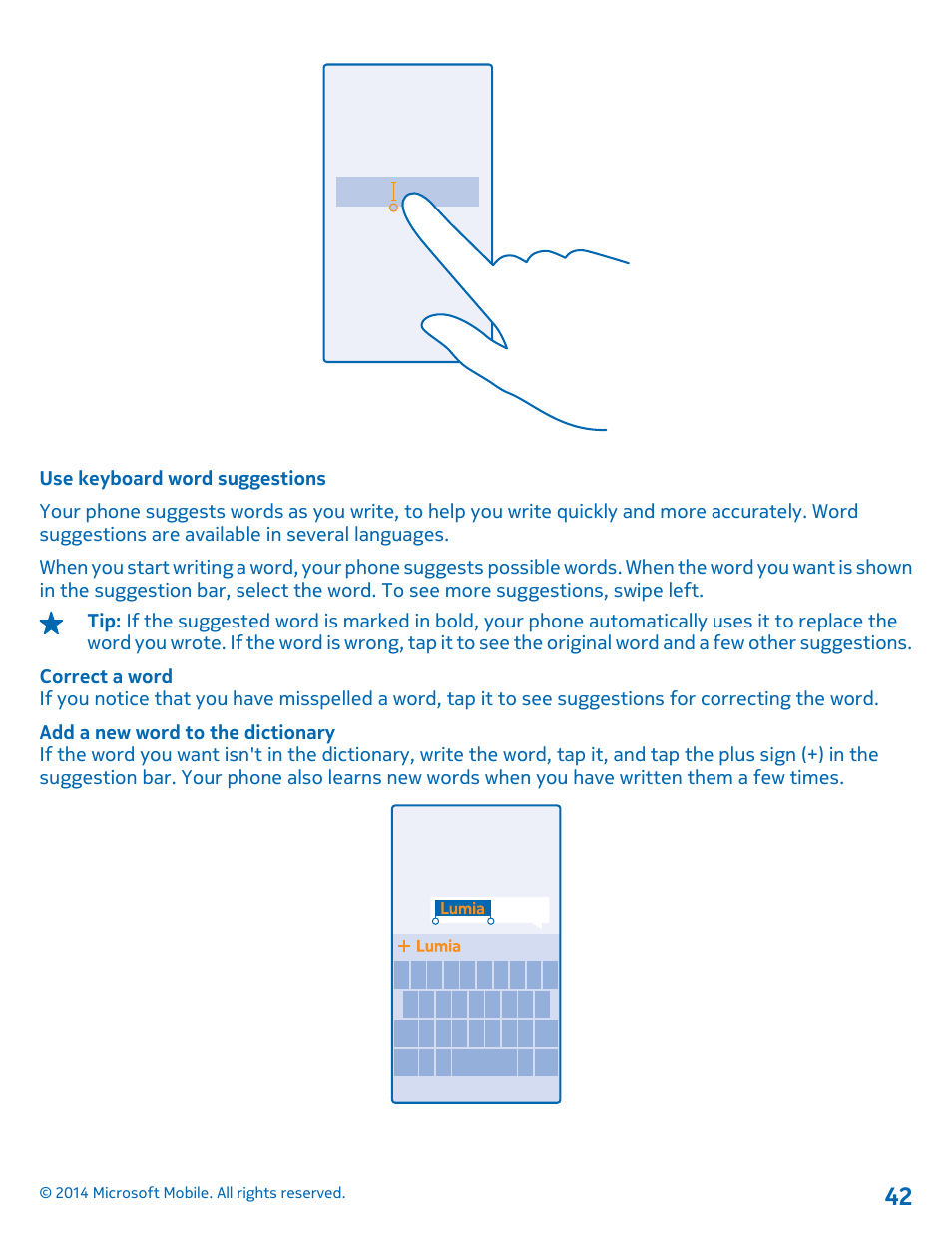 Use keyboard word suggestions | Nokia Lumia 635 User Manual | Page 42 / 114