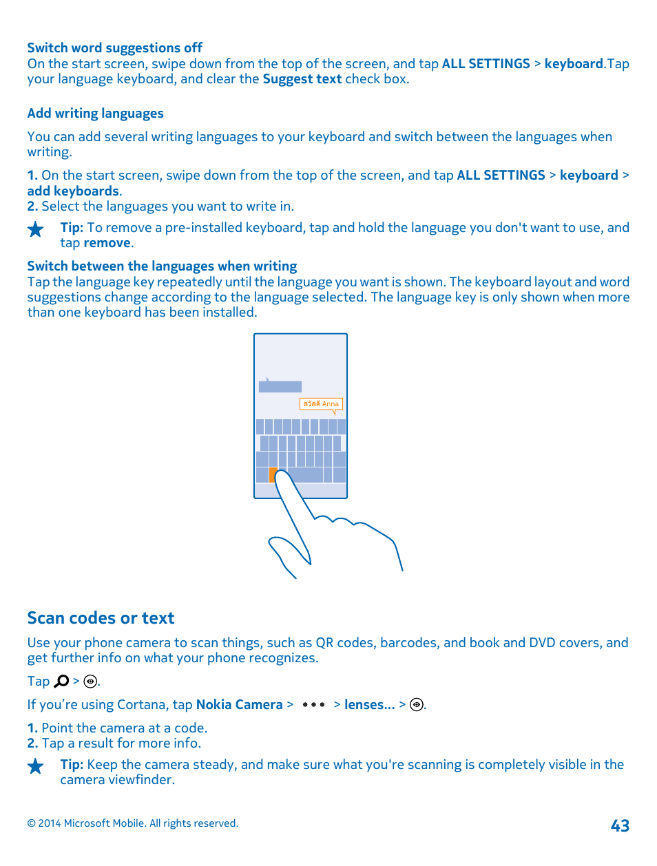 Add writing languages, Scan codes or text | Nokia Lumia 635 User Manual | Page 43 / 114