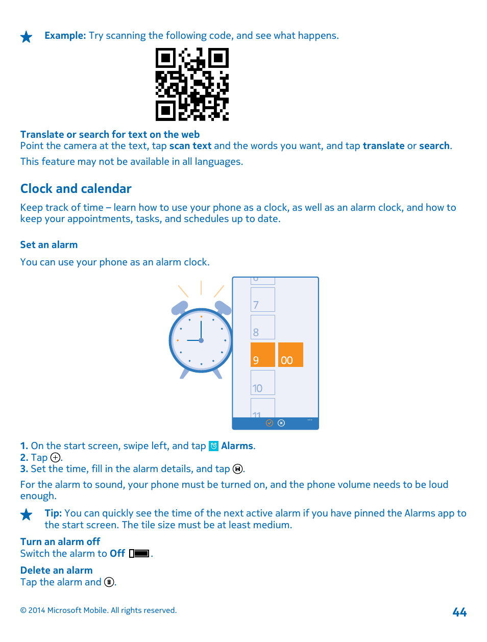 Clock and calendar, Set an alarm | Nokia Lumia 635 User Manual | Page 44 / 114