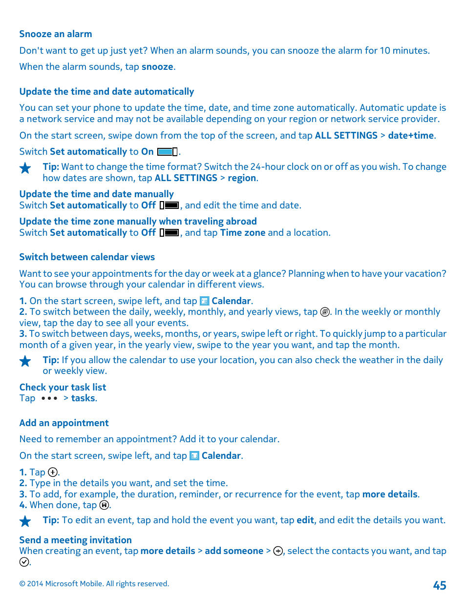 Snooze an alarm, Update the time and date automatically, Switch between calendar views | Add an appointment | Nokia Lumia 635 User Manual | Page 45 / 114