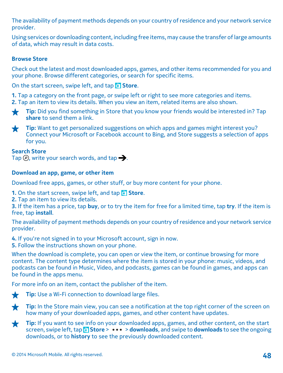 Browse store, Download an app, game, or other item | Nokia Lumia 635 User Manual | Page 48 / 114