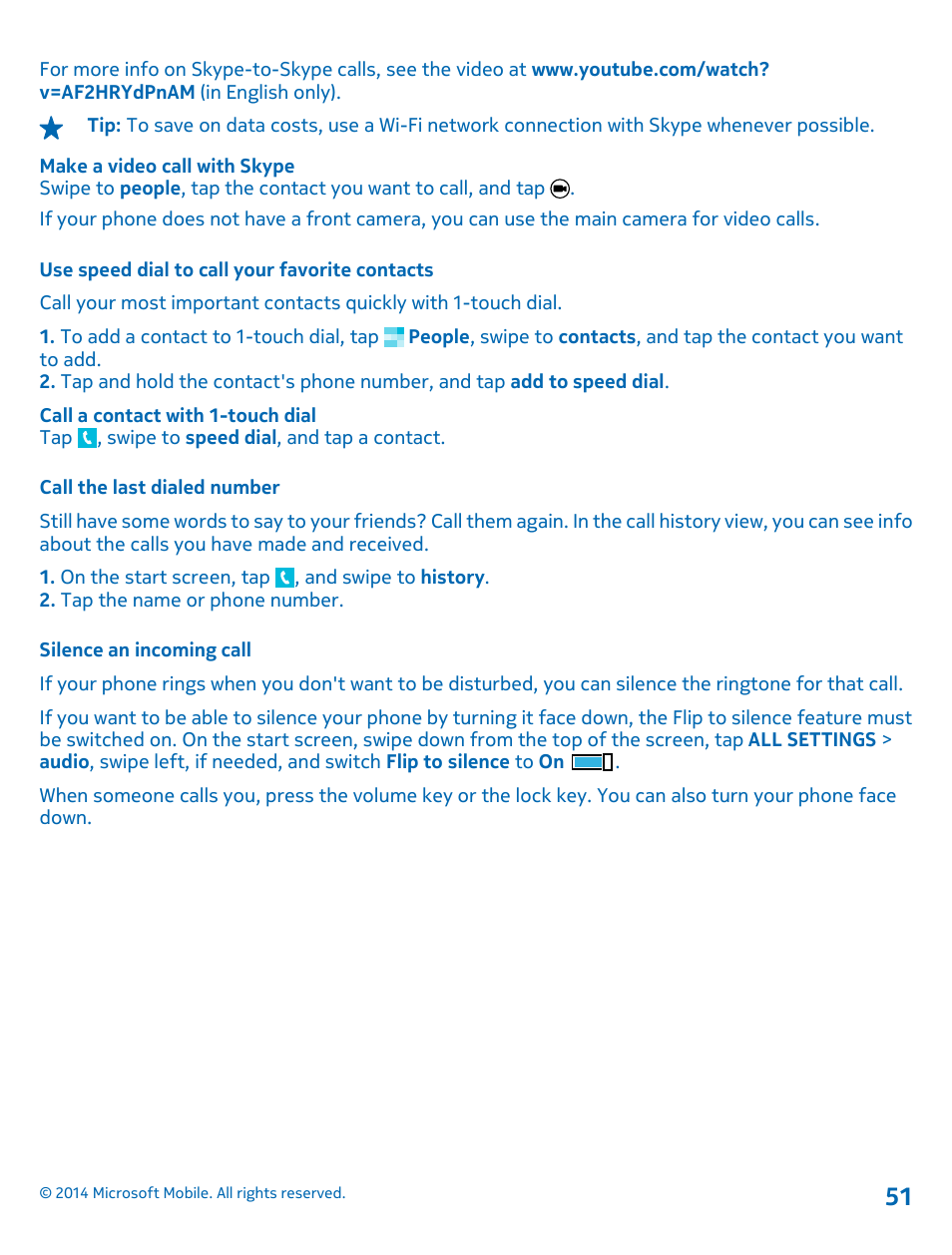 Use speed dial to call your favorite contacts, Call the last dialed number, Silence an incoming call | Nokia Lumia 635 User Manual | Page 51 / 114