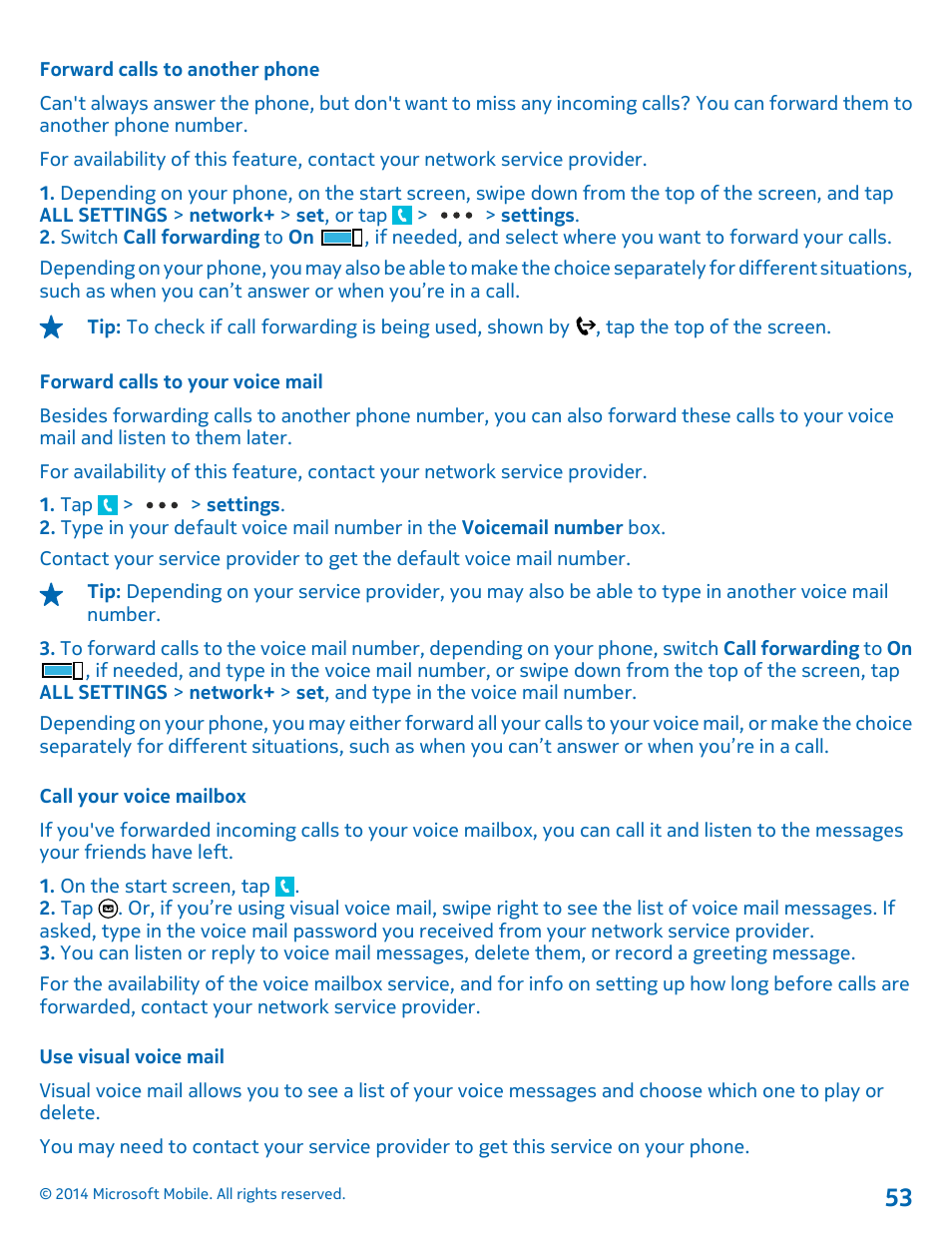 Forward calls to another phone, Forward calls to your voice mail, Call your voice mailbox | Use visual voice mail | Nokia Lumia 635 User Manual | Page 53 / 114