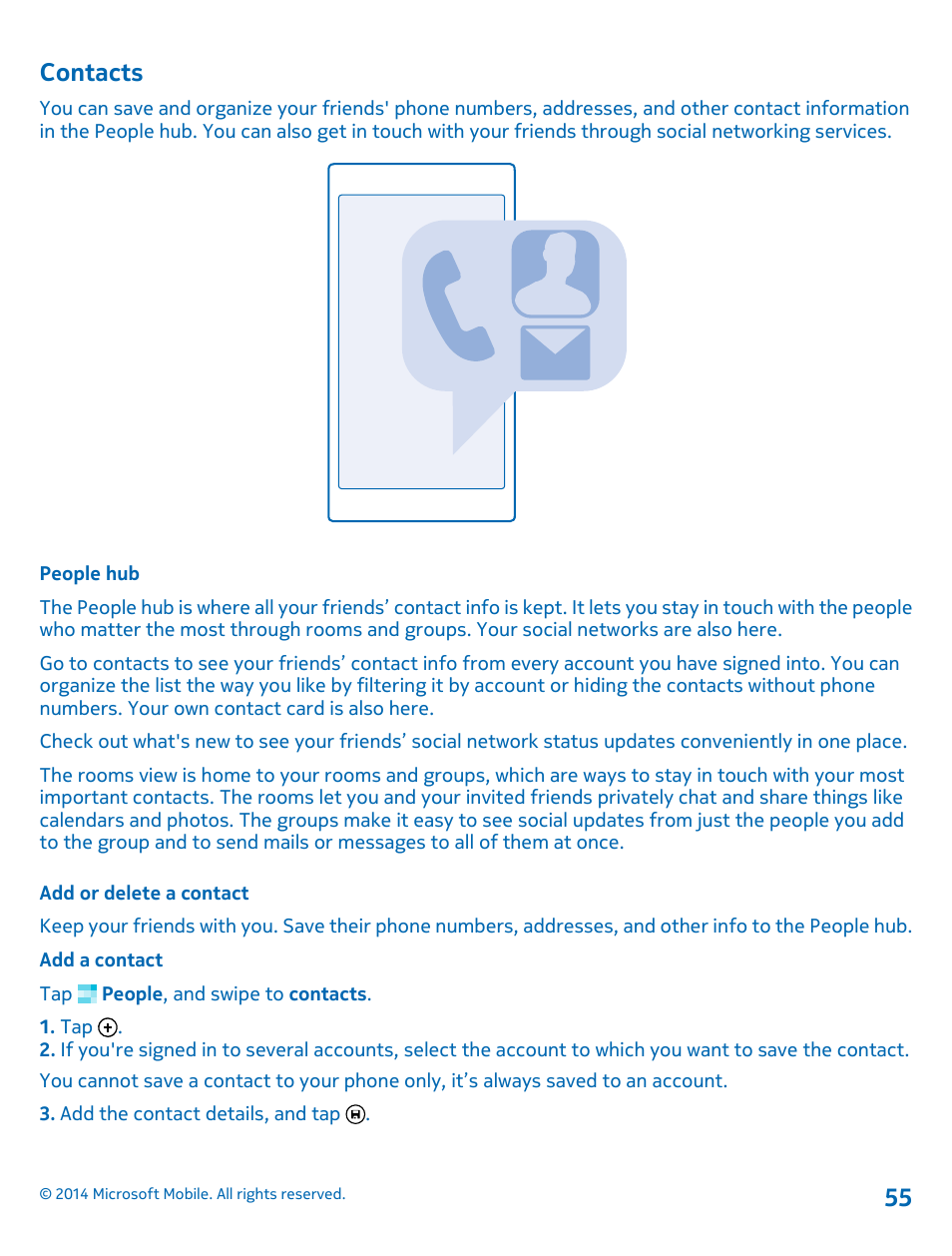 Contacts, People hub, Add or delete a contact | Contacts 55 | Nokia Lumia 635 User Manual | Page 55 / 114