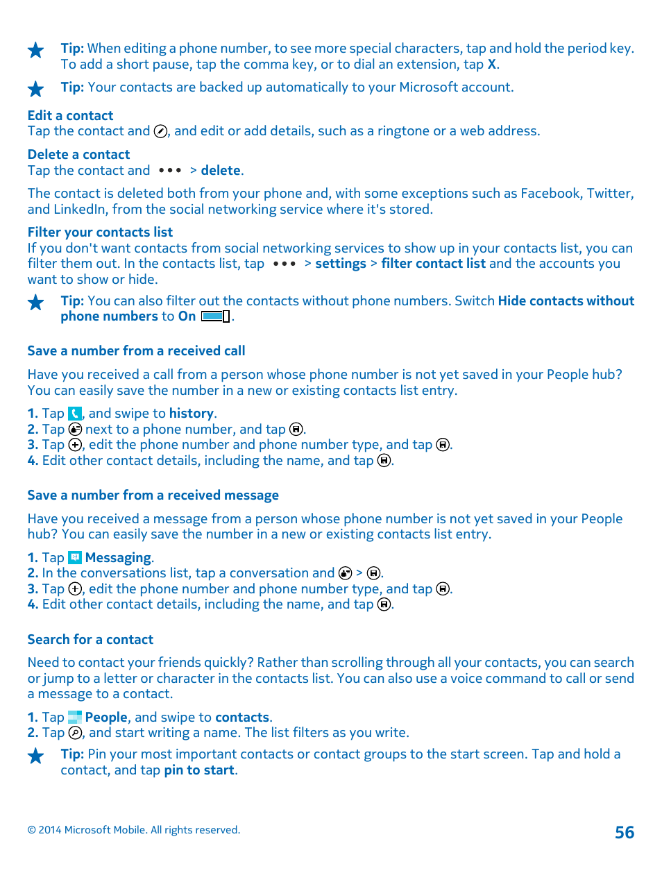 Save a number from a received call, Save a number from a received message, Search for a contact | Nokia Lumia 635 User Manual | Page 56 / 114