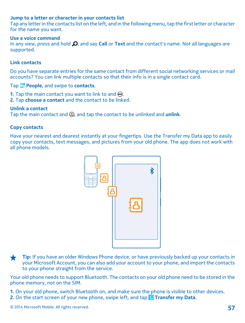 Link contacts, Copy contacts | Nokia Lumia 635 User Manual | Page 57 / 114