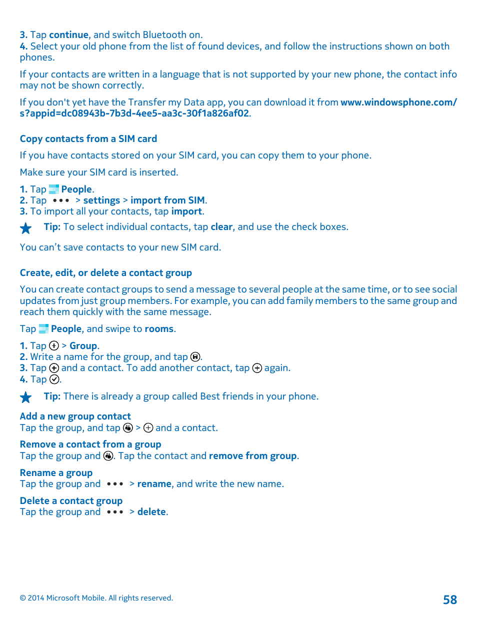 Copy contacts from a sim card, Create, edit, or delete a contact group | Nokia Lumia 635 User Manual | Page 58 / 114
