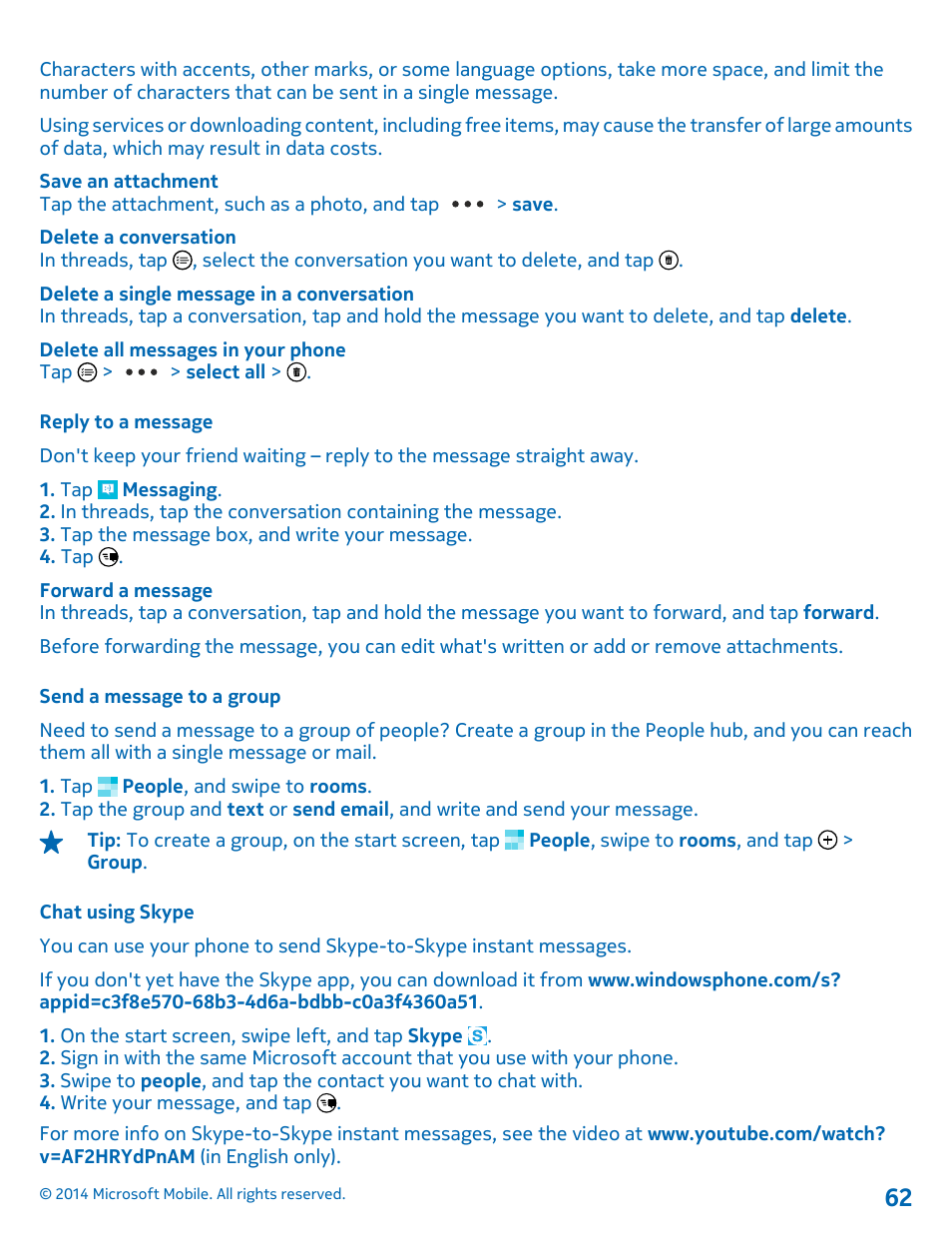 Reply to a message, Send a message to a group, Chat using skype | Nokia Lumia 635 User Manual | Page 62 / 114
