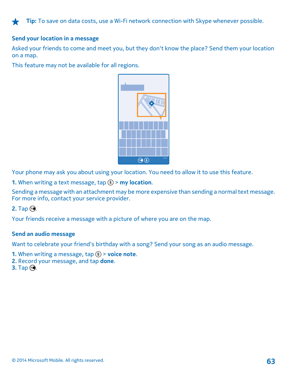 Send your location in a message, Send an audio message | Nokia Lumia 635 User Manual | Page 63 / 114