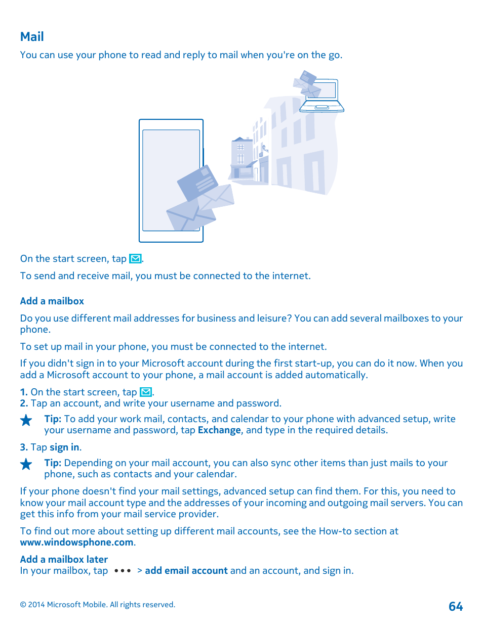 Mail, Add a mailbox, Mail 64 | Nokia Lumia 635 User Manual | Page 64 / 114