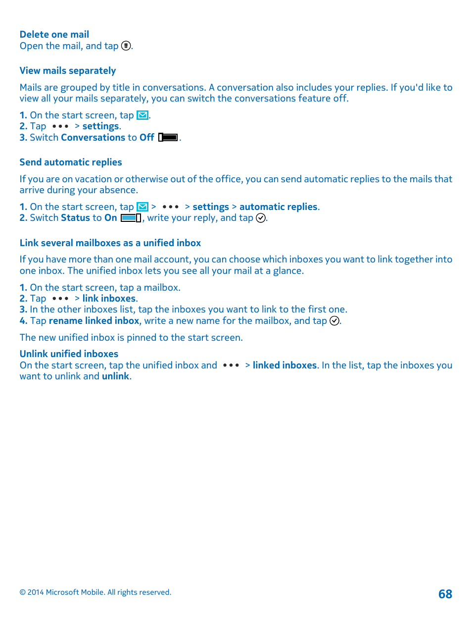 View mails separately, Send automatic replies, Link several mailboxes as a unified inbox | Nokia Lumia 635 User Manual | Page 68 / 114