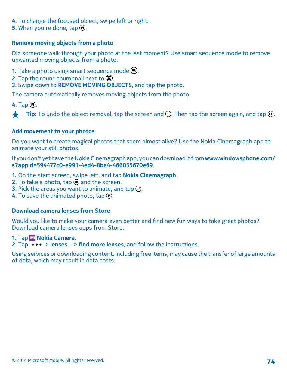 Remove moving objects from a photo, Add movement to your photos, Download camera lenses from store | Nokia Lumia 635 User Manual | Page 74 / 114
