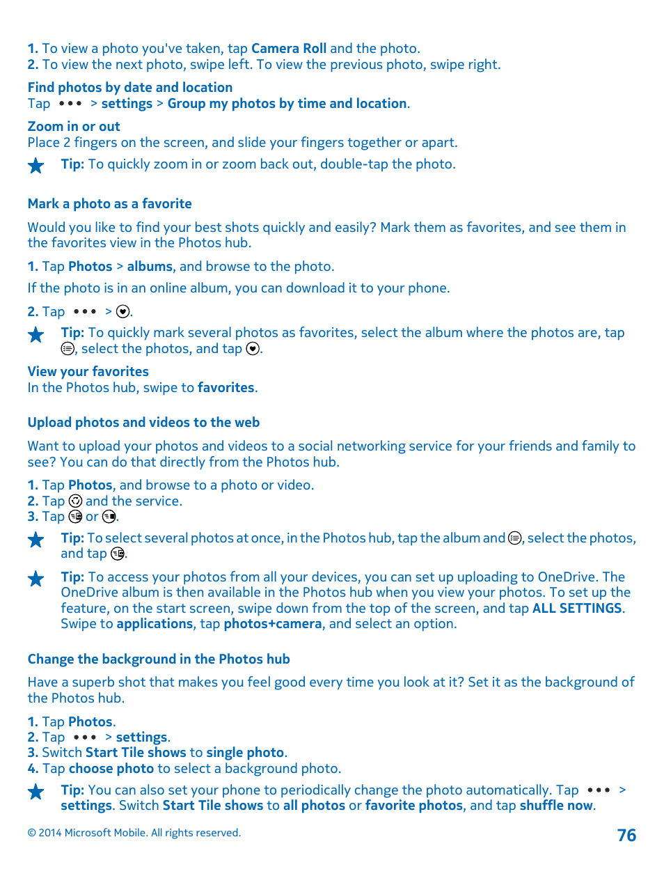 Mark a photo as a favorite, Upload photos and videos to the web, Change the background in the photos hub | Nokia Lumia 635 User Manual | Page 76 / 114