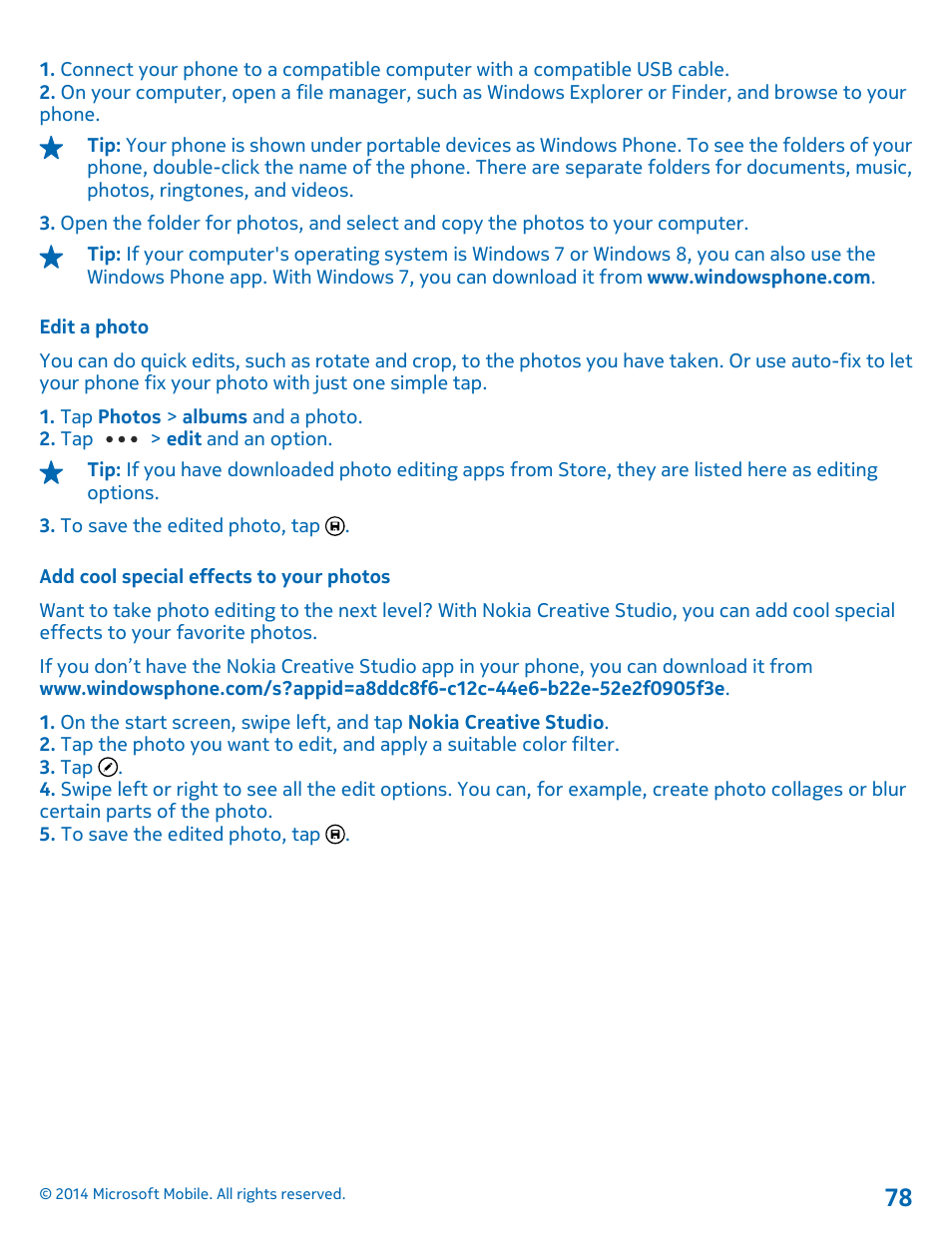 Edit a photo, Add cool special effects to your photos | Nokia Lumia 635 User Manual | Page 78 / 114