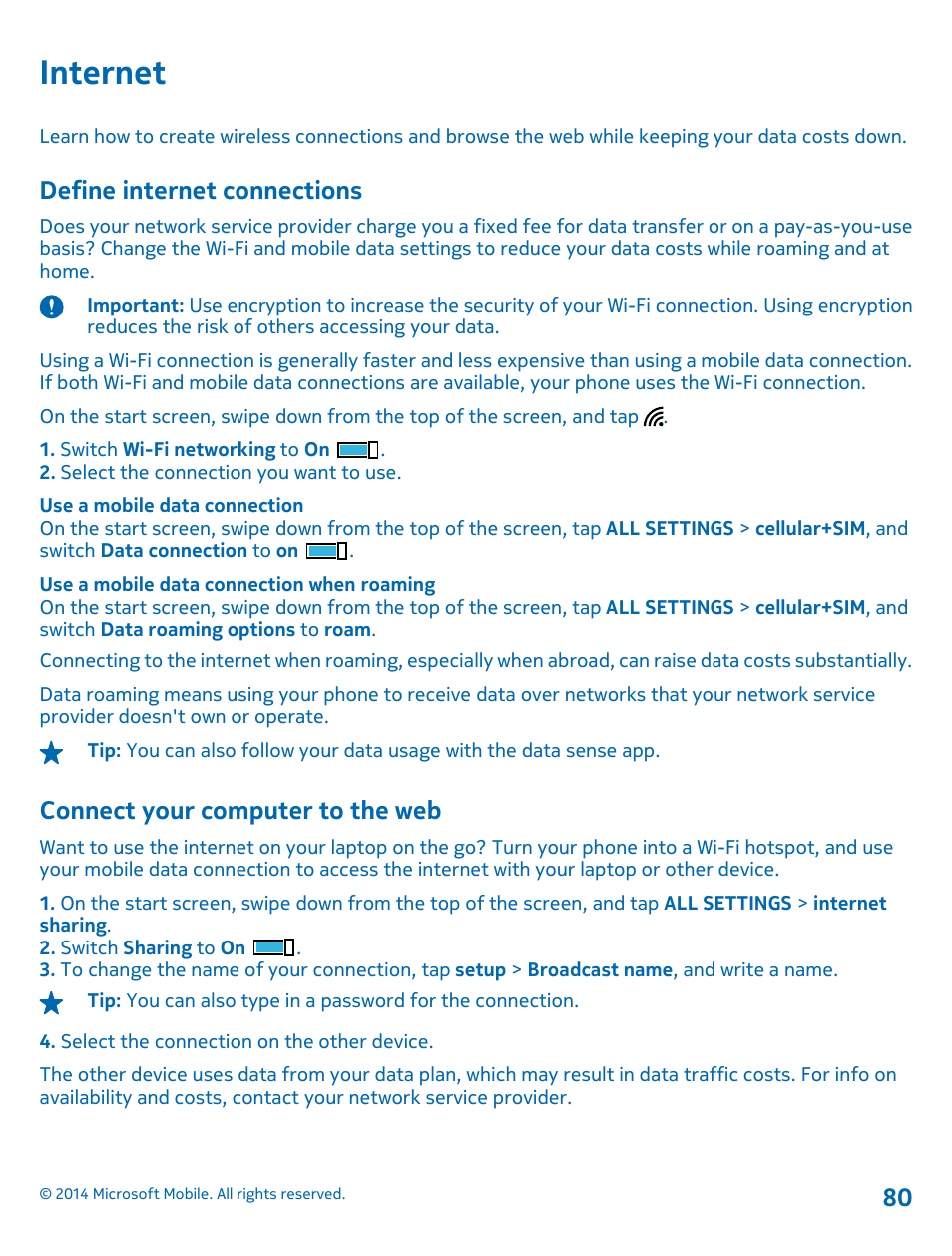 Internet, Define internet connections, Connect your computer to the web | Internet 80 define internet connections | Nokia Lumia 635 User Manual | Page 80 / 114