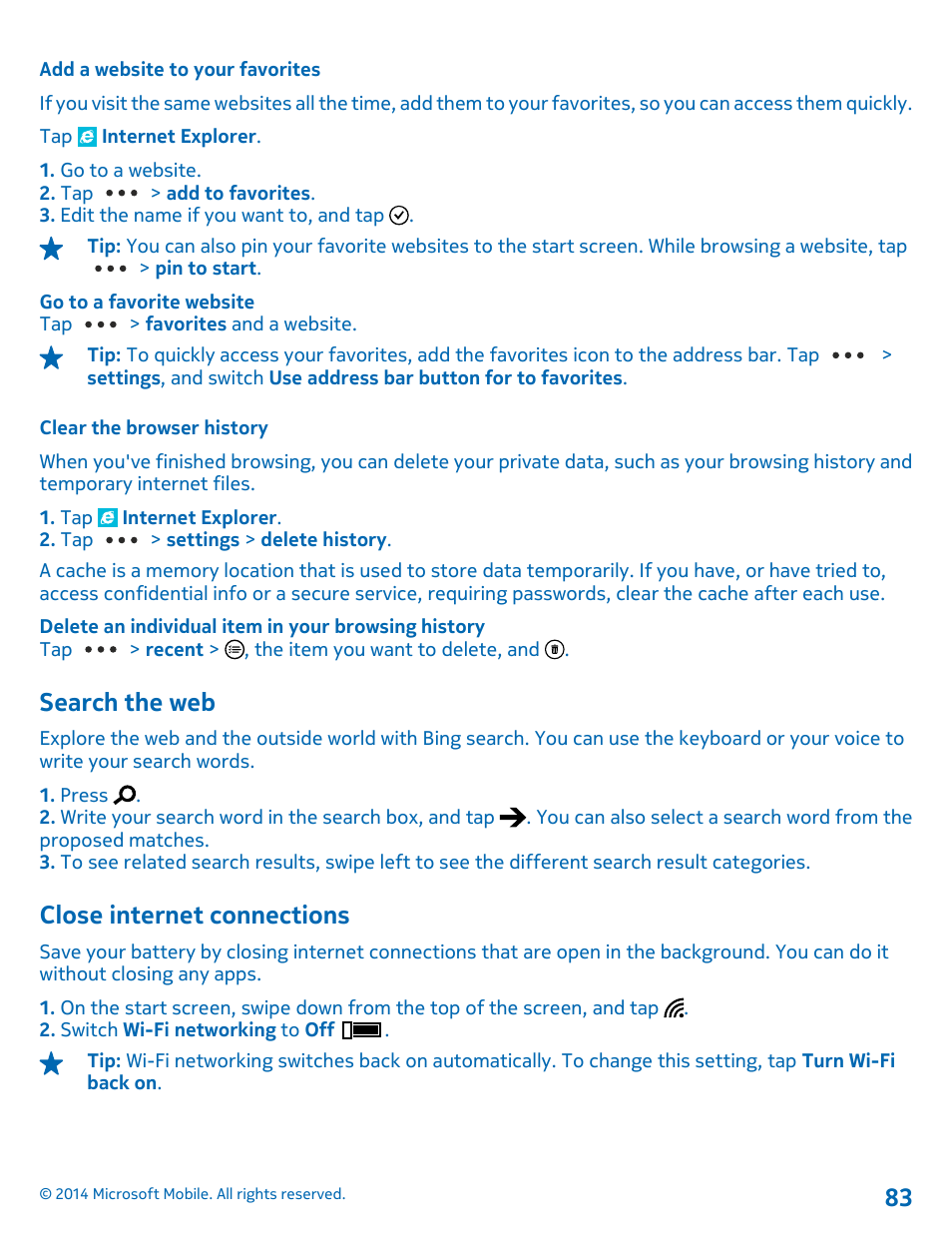 Add a website to your favorites, Clear the browser history, Search the web | Close internet connections | Nokia Lumia 635 User Manual | Page 83 / 114