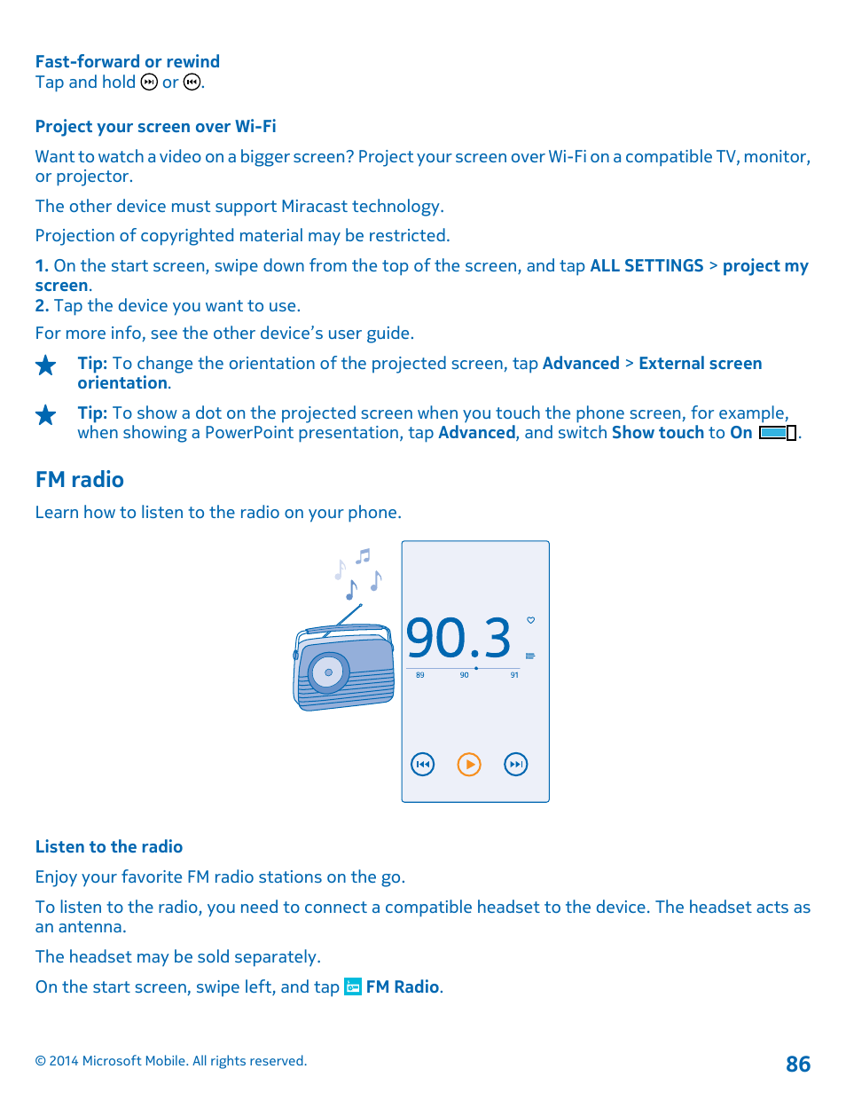 Project your screen over wi-fi, Fm radio, Listen to the radio | Nokia Lumia 635 User Manual | Page 86 / 114