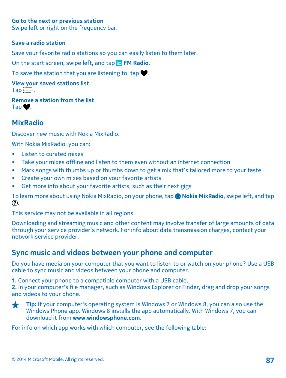 Save a radio station, Mixradio, Mixradio 87 sync music and videos between your | Phone and computer | Nokia Lumia 635 User Manual | Page 87 / 114