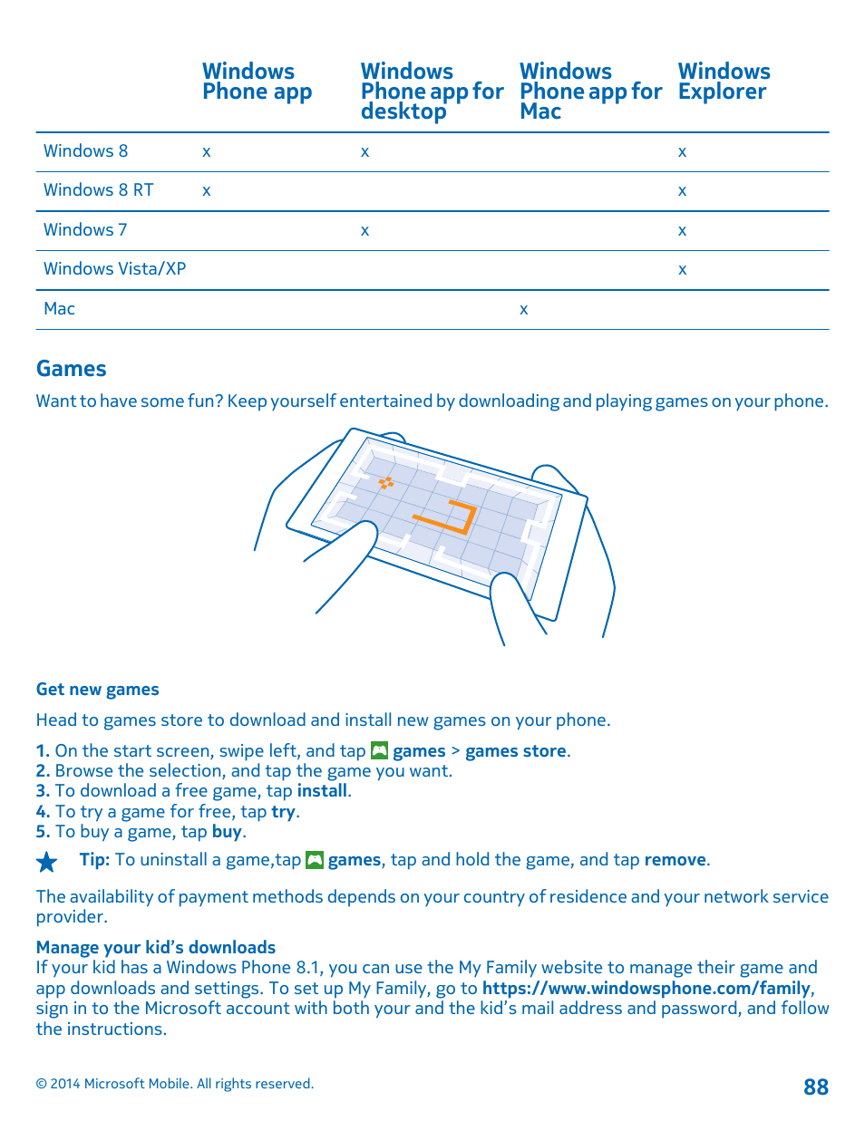 Games, Get new games, Games 88 | Nokia Lumia 635 User Manual | Page 88 / 114