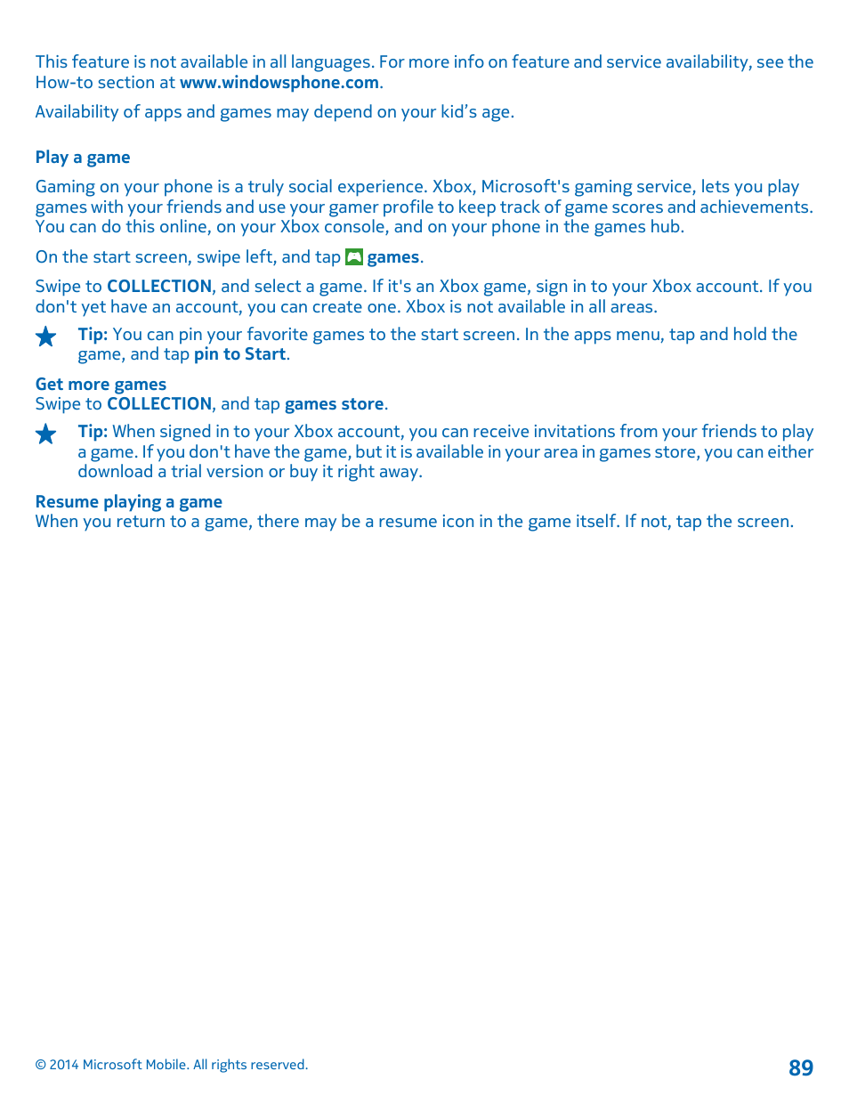 Play a game | Nokia Lumia 635 User Manual | Page 89 / 114
