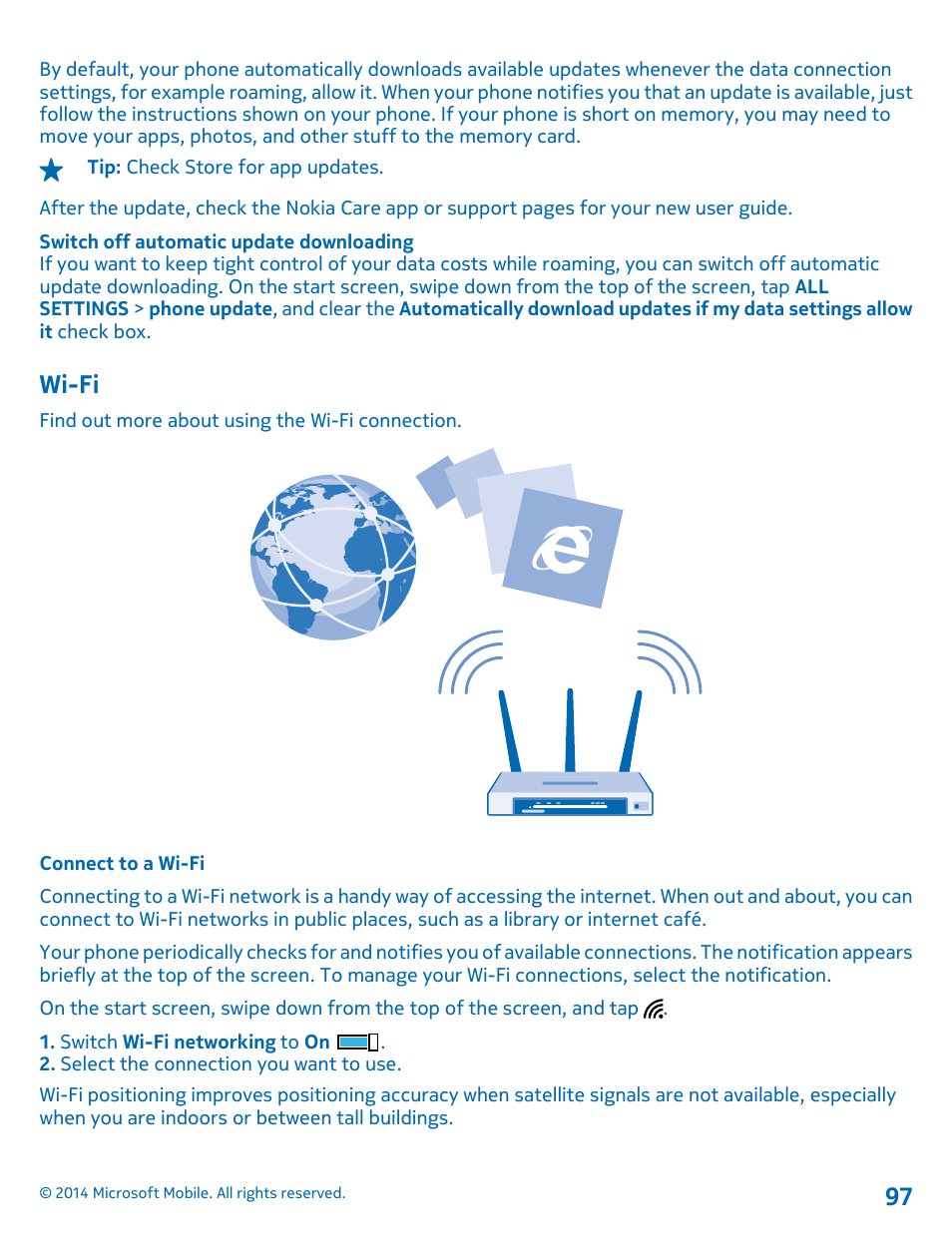 Wi-fi, Connect to a wi-fi, Wi-fi 97 | Nokia Lumia 635 User Manual | Page 97 / 114