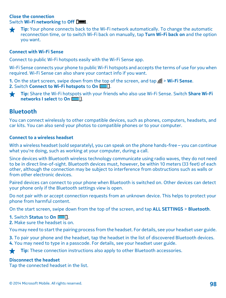 Connect with wi-fi sense, Bluetooth, Connect to a wireless headset | Bluetooth 98 | Nokia Lumia 635 User Manual | Page 98 / 114