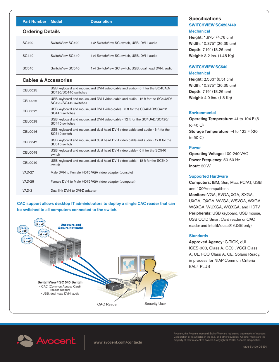 Ordering details, Cables & accessories, Specifi cations | Avocent SC420 User Manual | Page 2 / 2