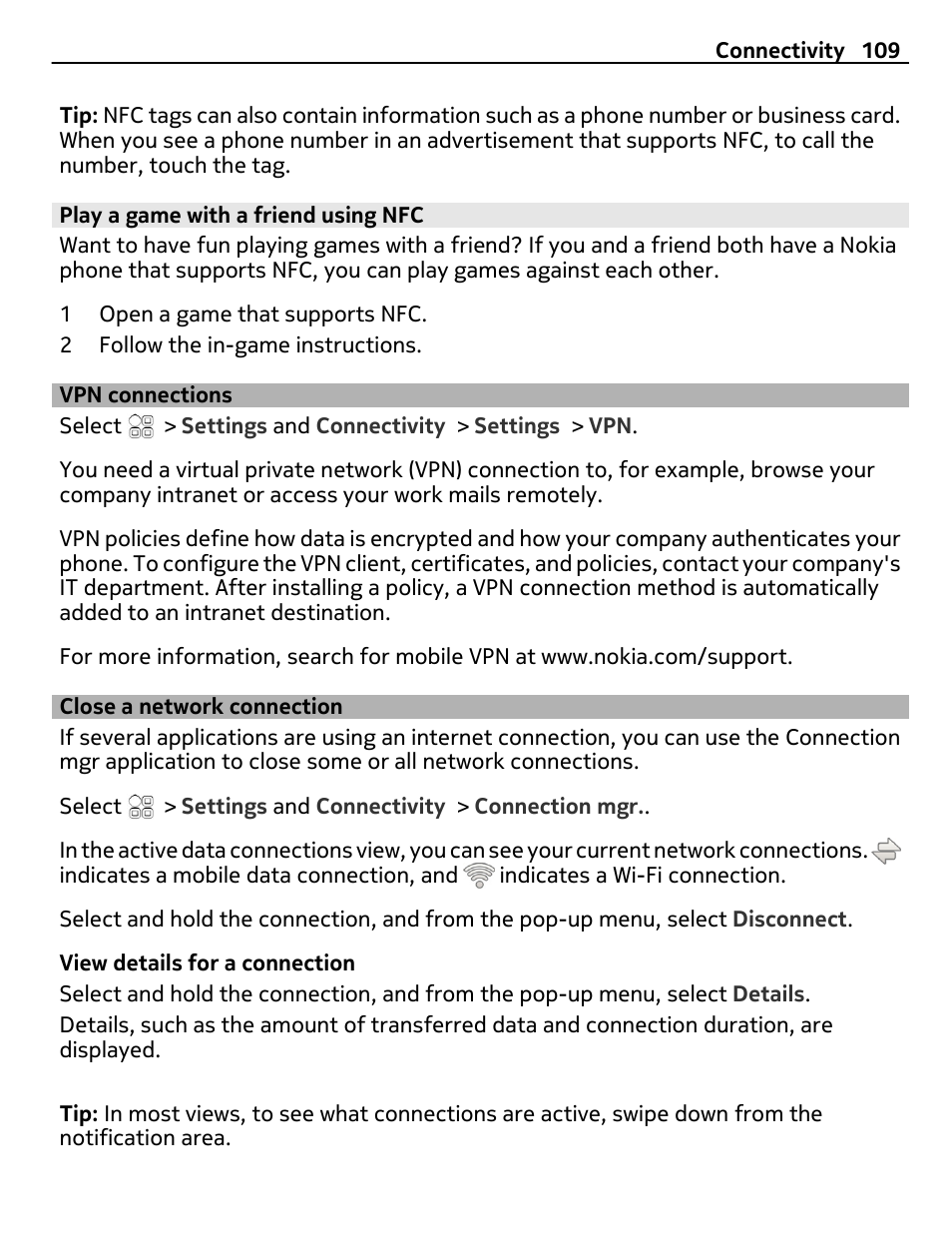 Play a game with a friend using nfc, Vpn connections, Close a network connection | Nokia 700 User Manual | Page 109 / 130