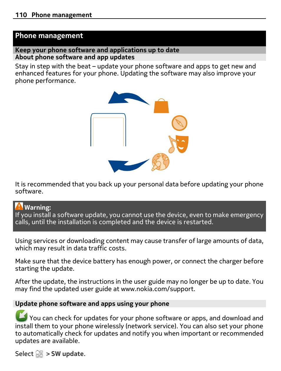 Phone management, About phone software and app updates, Update phone software and apps using your phone | Keep your phone software and, Applications up to date | Nokia 700 User Manual | Page 110 / 130