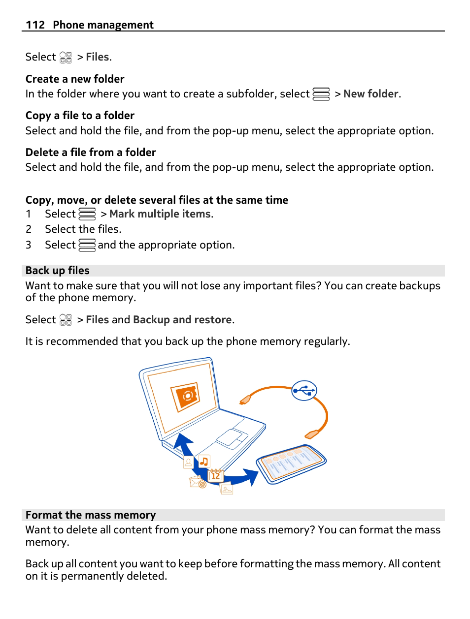 Back up files, Format the mass memory | Nokia 700 User Manual | Page 112 / 130