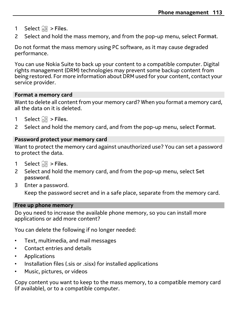 Format a memory card, Password protect your memory card, Free up phone memory | Nokia 700 User Manual | Page 113 / 130