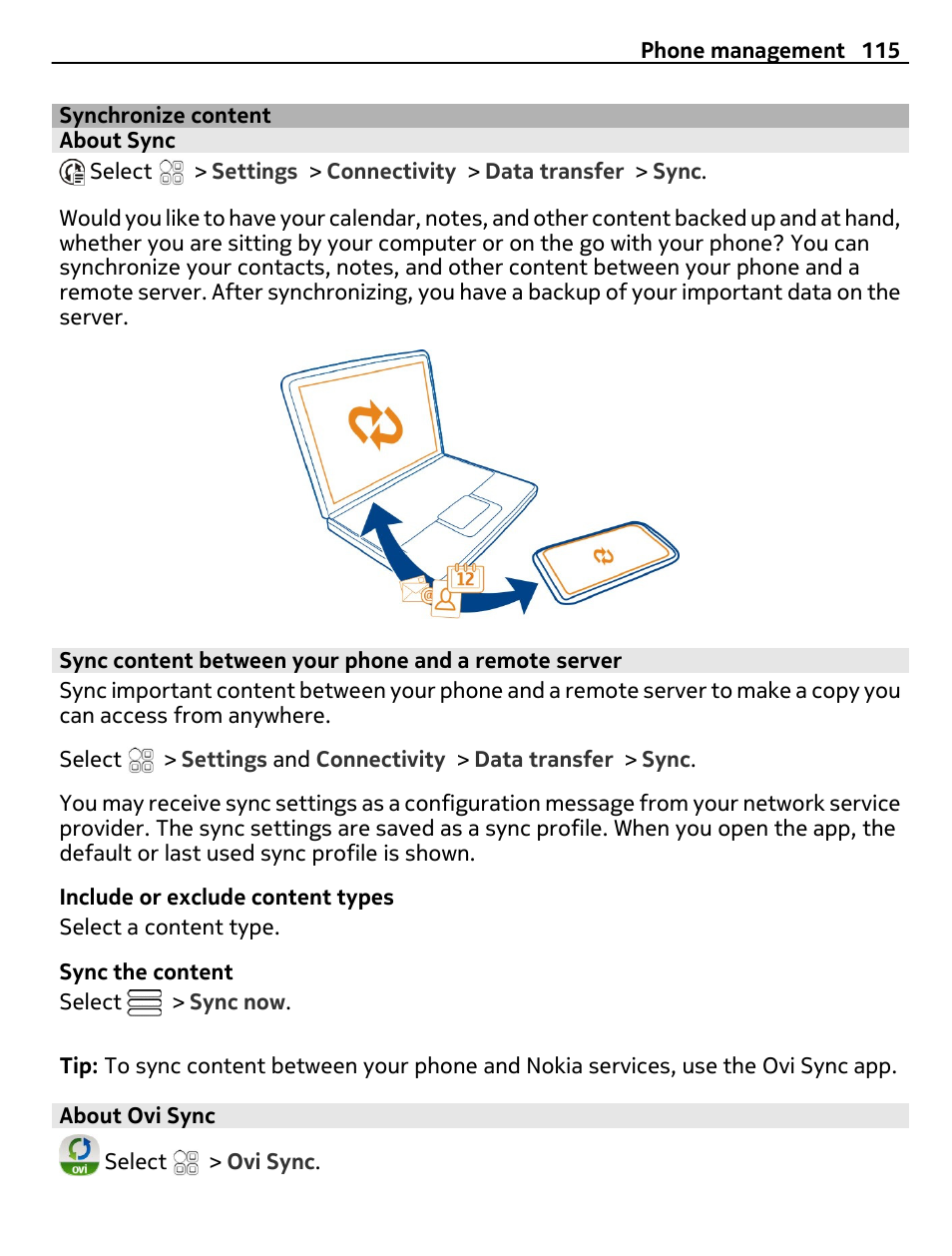 Synchronize content, About sync, About ovi sync | Nokia 700 User Manual | Page 115 / 130