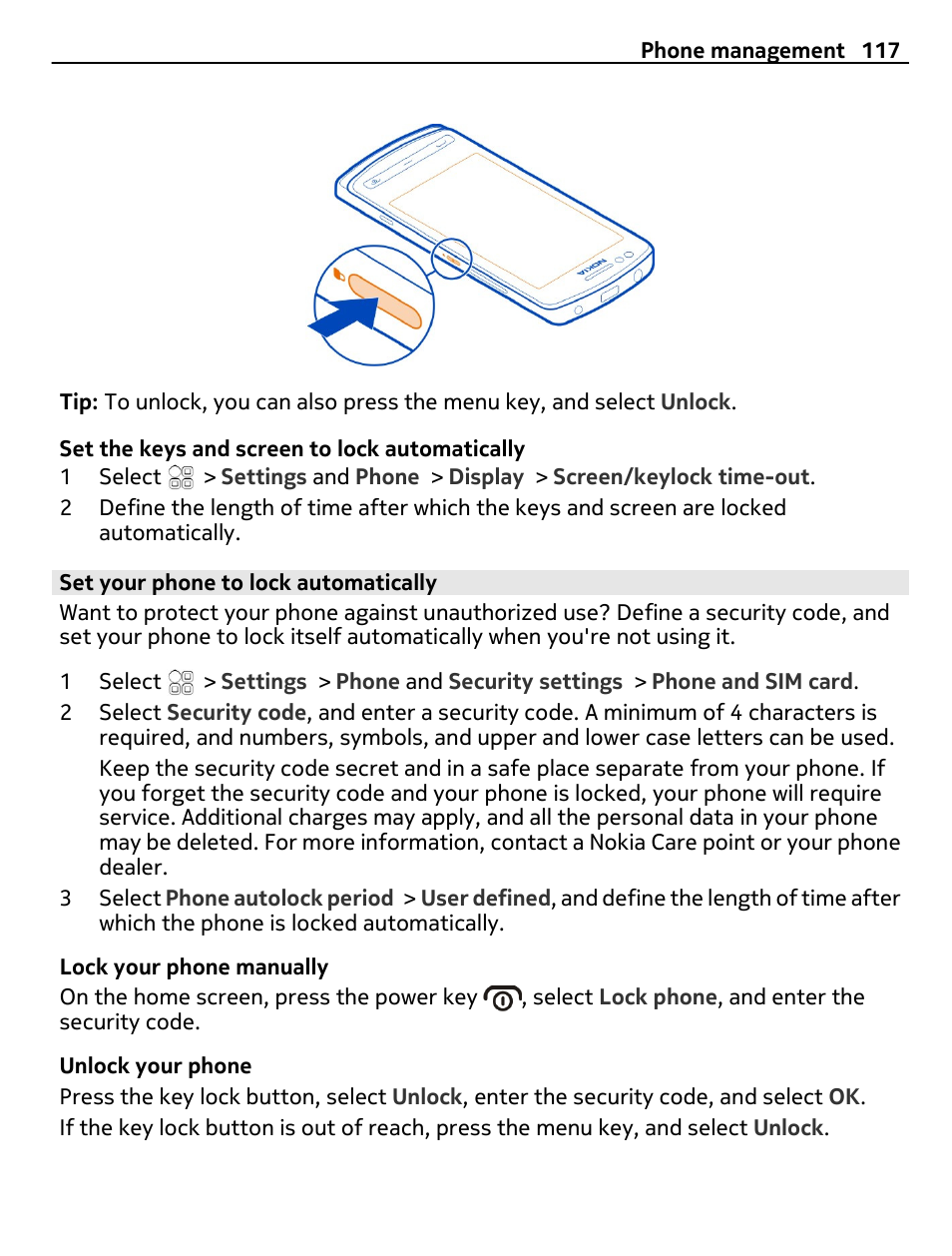 Set your phone to lock automatically | Nokia 700 User Manual | Page 117 / 130