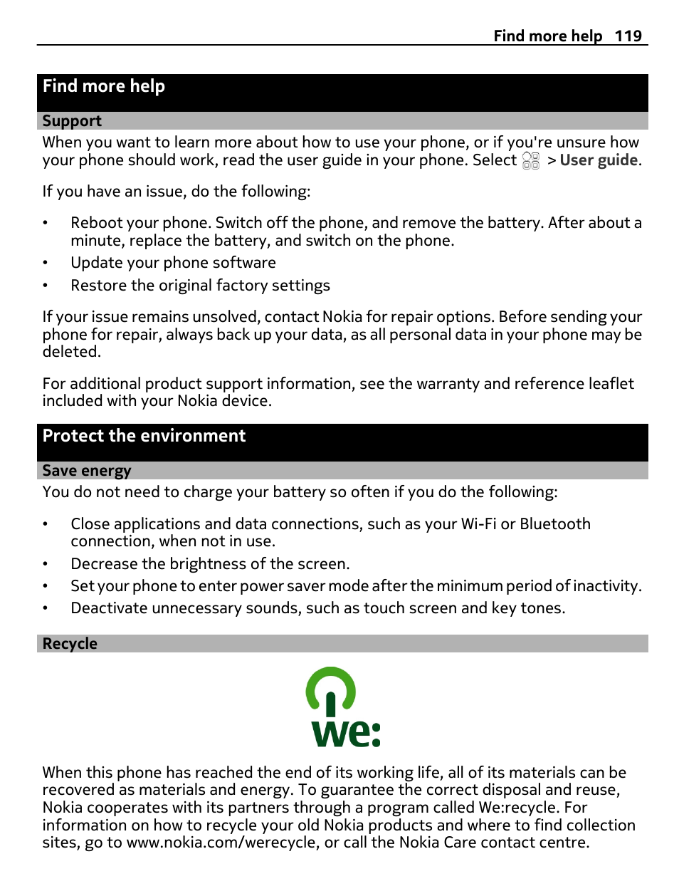 Find more help, Support, Protect the environment | Save energy, Recycle | Nokia 700 User Manual | Page 119 / 130