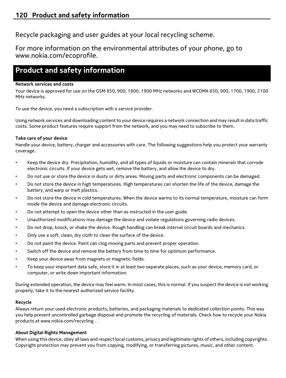 Product and safety information, Network services and costs, Take care of your device | Recycle, About digital rights management, 120 product and safety information | Nokia 700 User Manual | Page 120 / 130